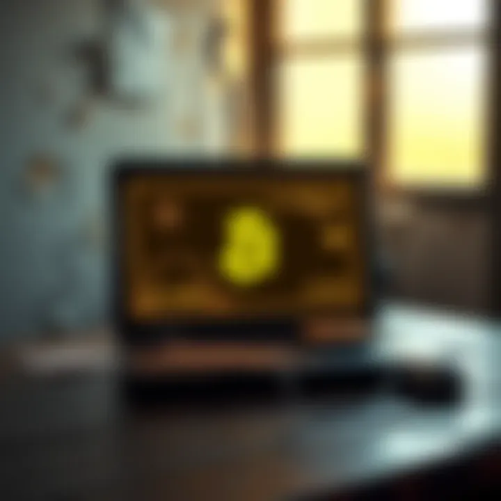 An old laptop opened with a digital Bitcoin wallet visible on the screen, revealing 0.1 BTC.