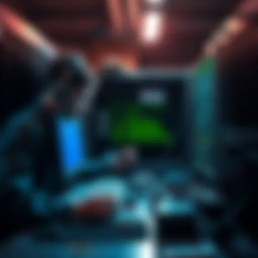 Old Bitcoin Wallet Search A person searching through old computer files for lost Bitcoin wallet private keys, surrounded by outdated servers and links.