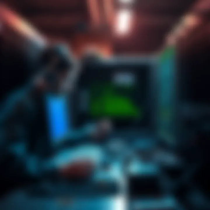 Old Bitcoin Wallet Search A person searching through old computer files for lost Bitcoin wallet private keys, surrounded by outdated servers and links.