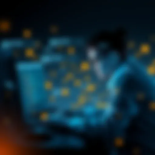 A person working on a computer, focused on recovering an old Electrum wallet with visuals of digital currency around them.
