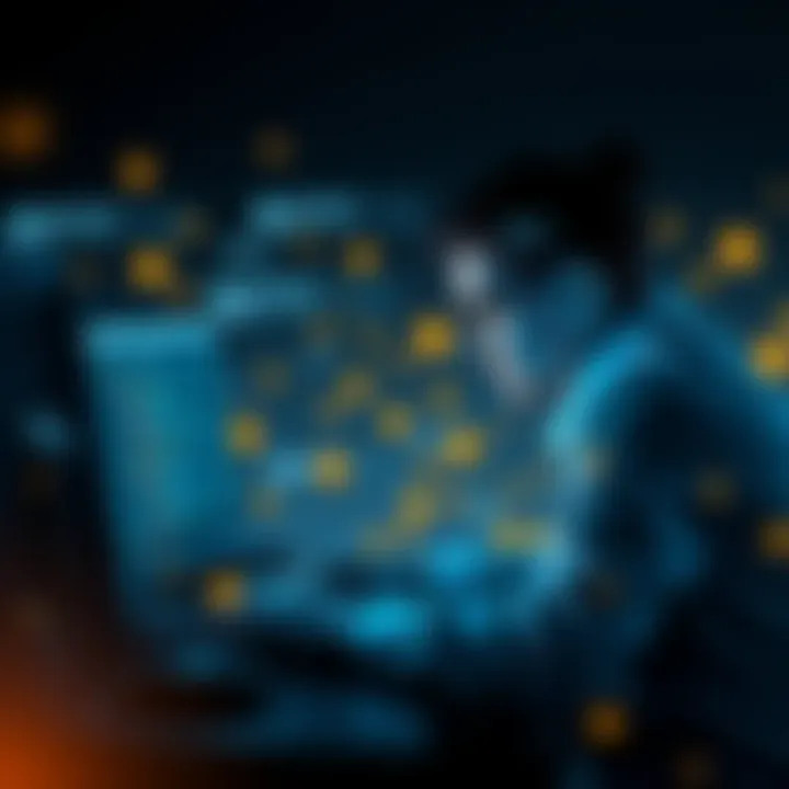 A person working on a computer, focused on recovering an old Electrum wallet with visuals of digital currency around them.