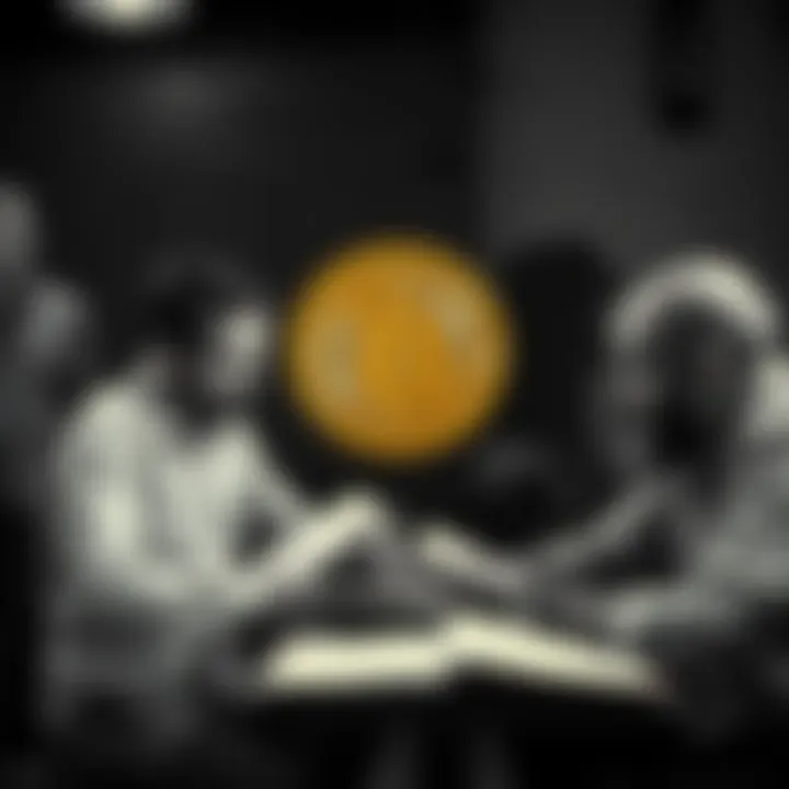 Old Photograph of Bitcoin Concept An old black and white photograph showing people discussing Bitcoin with notebooks and charts, emphasizing its deeper meaning and value in cryptocurrency.