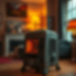 Old space heater in a cozy room A vintage space heater placed in a warm, inviting living room, showcasing its outdated design and worn features