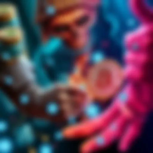 Symbolic clash between traditional financial institutions and digital currency represented by Bitcoin.