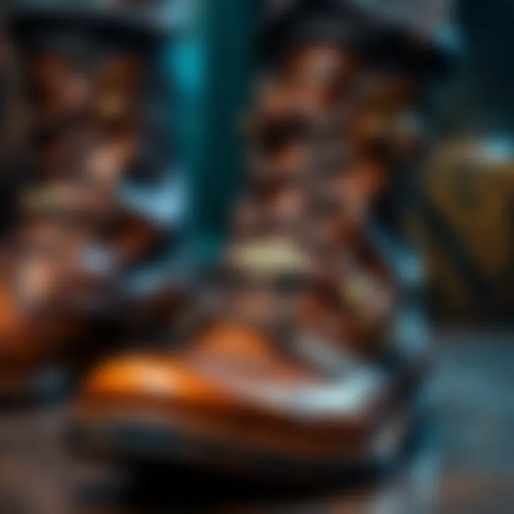 A close-up of Old World Harness leather boots showcasing their 8-inch height and antique hardware features.