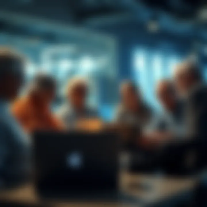 A group of mature individuals gathered around laptops, engaging in conversation about online forums for older adults.