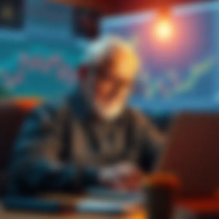 A 72-year-old man using a laptop to learn about buying Bitcoin, with a focused expression and charts on the screen