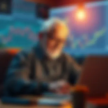 Older person exploring Bitcoin purchase options A 72-year-old man using a laptop to learn about buying Bitcoin, with a focused expression and charts on the screen