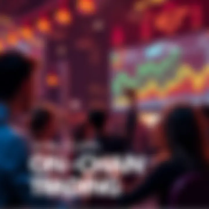 A visual of people engaging in on-chain trading, celebrating daily rewards with graphs showing market trends and growth.