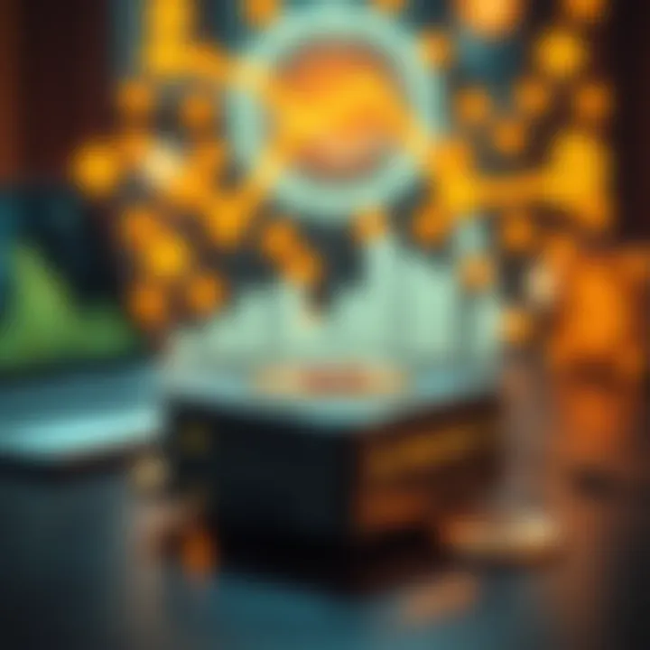 A $100 one-shot miner device designed for Bitcoin lotteries on a table with a laptop and cryptocurrency symbols in the background