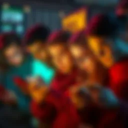A group of people looking at their phones, appearing upset due to negative comments on social media.