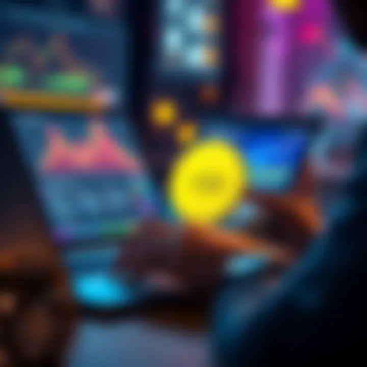 A person working on a laptop with a cryptocurrency wallet open showing USD Coin balance
