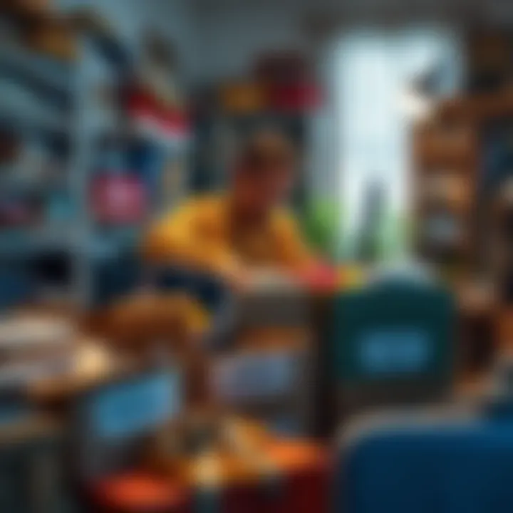 A person sorting through their belongings, placing items into boxes labeled for donation and keep, surrounded by cluttered shelves and furniture.