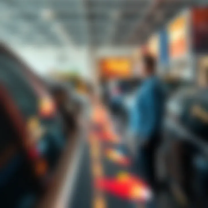 A car dealership in California displaying vehicles with out-of-state titles while a potential buyer looks on, highlighting the controversy over sales restrictions.