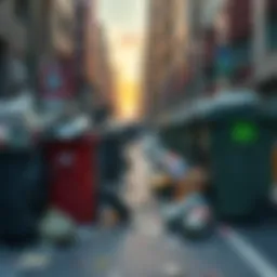 A street in an urban area filled with overflowing trash bins and litter scattered around, highlighting the waste management crisis.