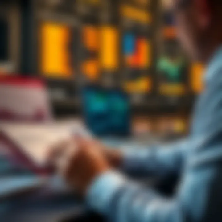 A person reading a report and analyzing data with charts on a laptop