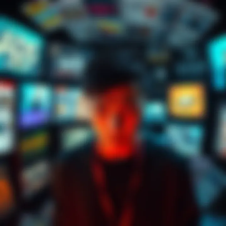 A person looking at multiple ads on screens while appearing frustrated, surrounded by various marketing materials.