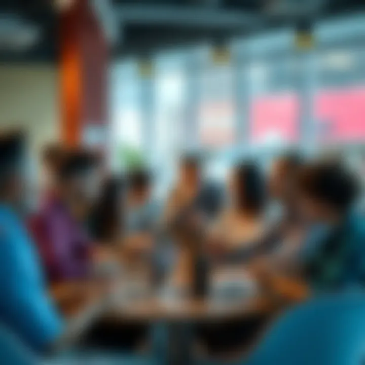 A diverse group of people discussing peer-to-peer trading concepts in a casual setting, with laptops and phones visible, showcasing interaction and privacy.