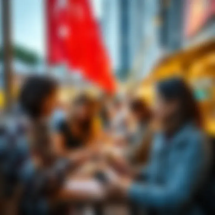 A group of people engaging in face-to-face peer-to-peer transactions in an outdoor setting, showcasing a friendly atmosphere.