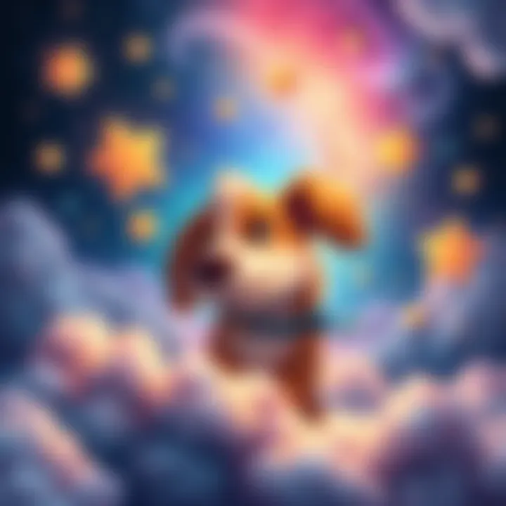 Padfoot's Dream Adventure A whimsical scene depicting Padfoot, a friendly dog, dreaming of magical places with colorful stars and swirling clouds around him