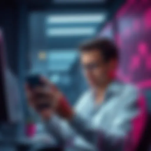 A digital marketer looking worried while checking Pi token prices on their phone in an office setting.