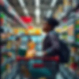 A shopper with a full cart in a busy grocery store during a panic buying scenario, looking concerned while checking items on the shelf.