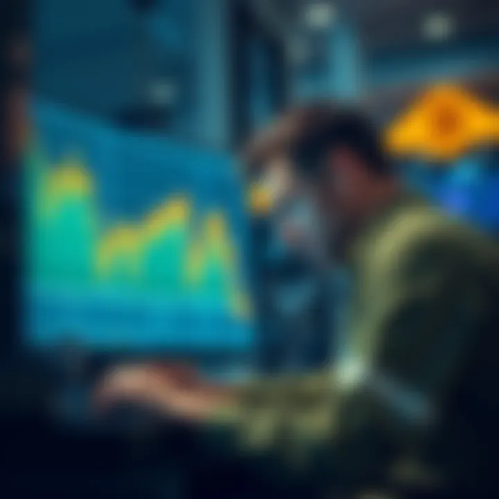 A graph showing a steep decline in Bitcoin value with a worried trader looking at a computer screen