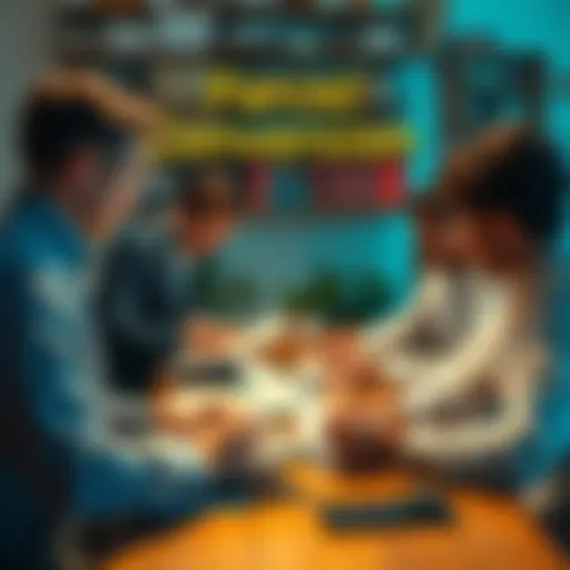 A group of people discussing strategies for converting earnings to AB with notebooks and charts on a table