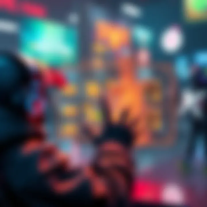 A gamer interacts with a digital parcel interface, showing options for purchases and information displays in an online game environment.