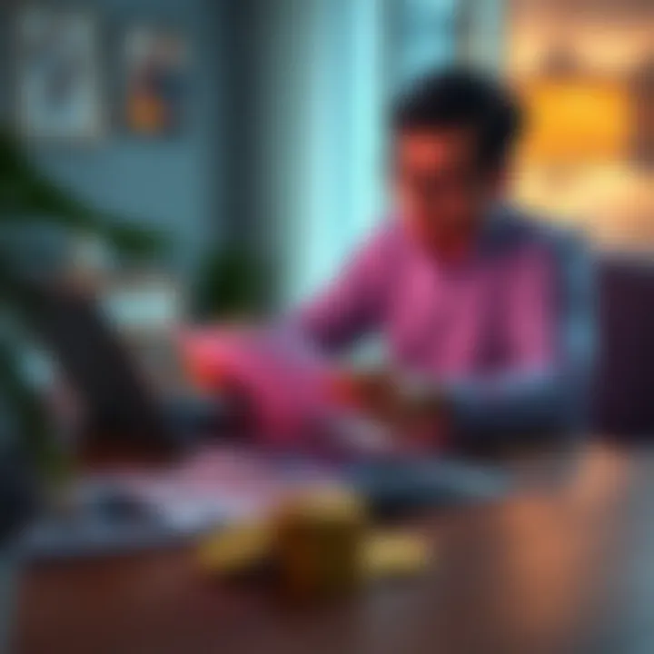 A parent sits at a table reviewing Polkadot investment documents, with a laptop showing cryptocurrency graphics. Coins and children's photos are nearby.
