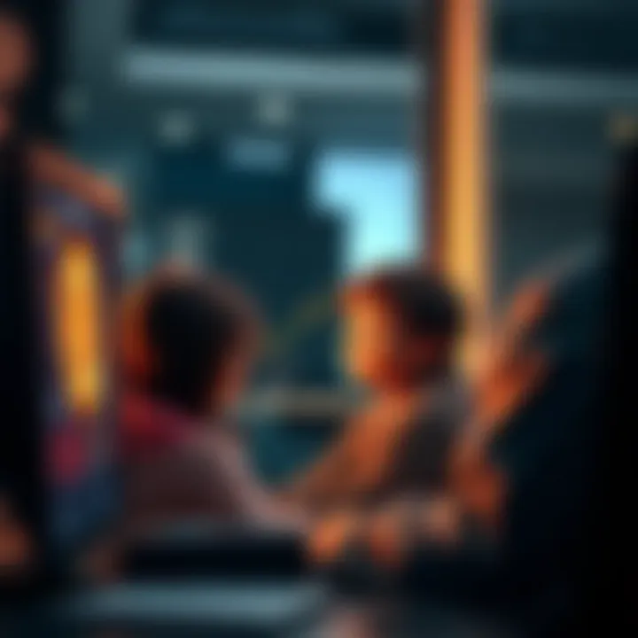 A parent and child looking at a computer screen showing Bitcoin charts while discussing college savings options.