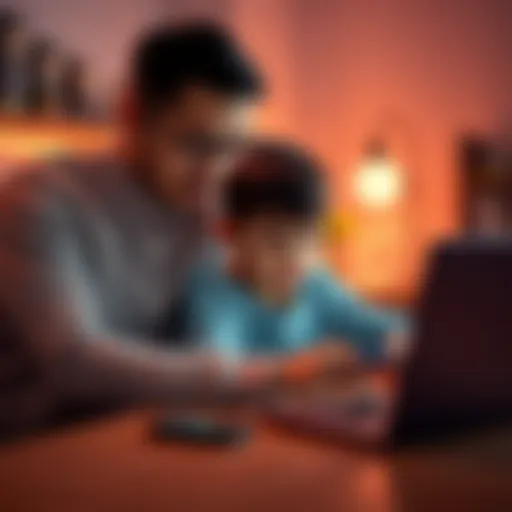 A parent and child look at a USB crypto miner device on a table while discussing its security risks