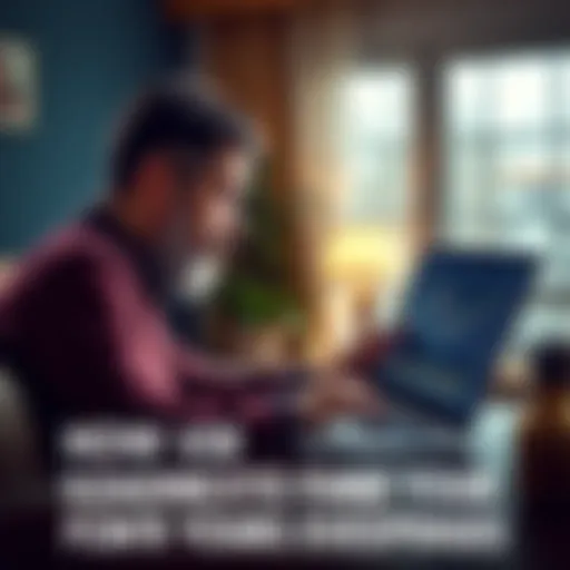 A parent looks at a laptop screen showing Bitcoin charts while holding a college brochure, contemplating education funding for their children.