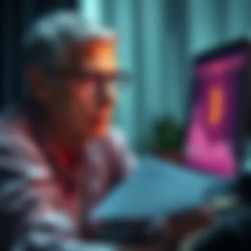 Grieving parent looking at a computer screen with a concerned expression while holding documents related to cryptocurrency recovery