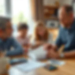 A family sitting at a table, discussing the financial details of an inheritance from a house sale, with papers and a calculator in front of them.