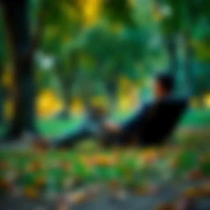 A person relaxing in a park with a laptop, surrounded by trees, representing stress-free capital management strategies for the weekend.