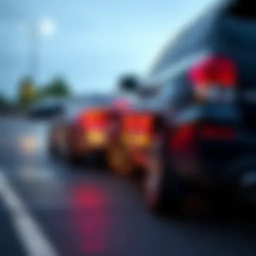 A minor car collision in a parking lot with two vehicles, one parked and the other slightly bumped against it.