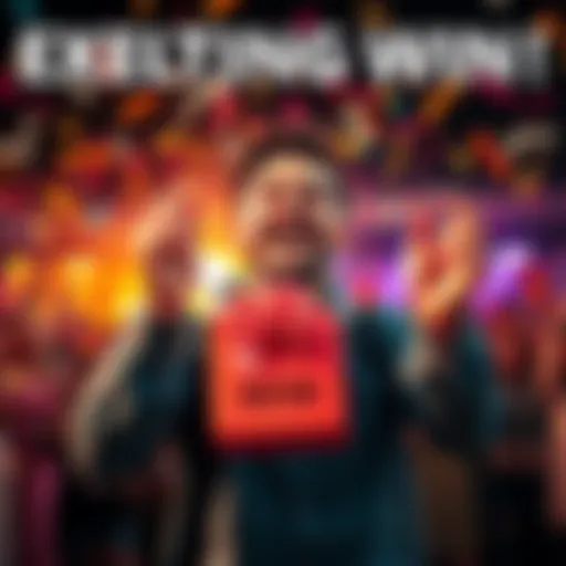 A joyful person holding a prize with confetti falling around them, showcasing excitement and community support.