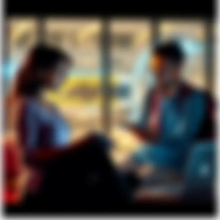 Two people discussing a project with notebooks and laptops, focusing on research and technology collaboration.