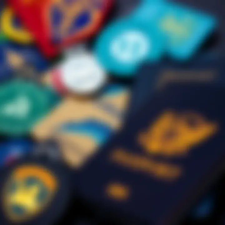 A collection of colorful passport badges displayed next to a graphic representation of land parcels with increasing rental earnings.
