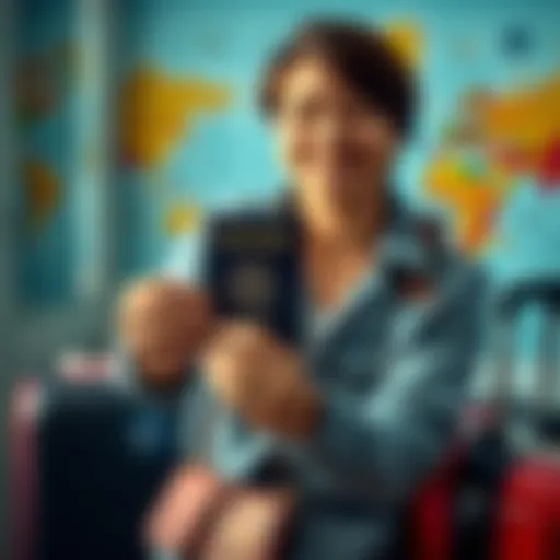 A person smiling while holding a new passport in their hands, with travel stickers and a suitcase nearby.