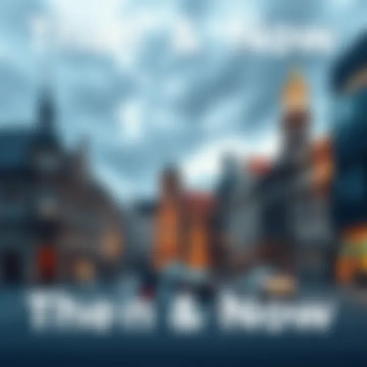 A split image showing an old town square on one side and a modern city on the other, highlighting the changes over time.