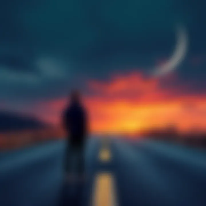 Path Choices A person standing at a fork in the road, contemplating whether to go left or right, symbolizing a tough decision to make.