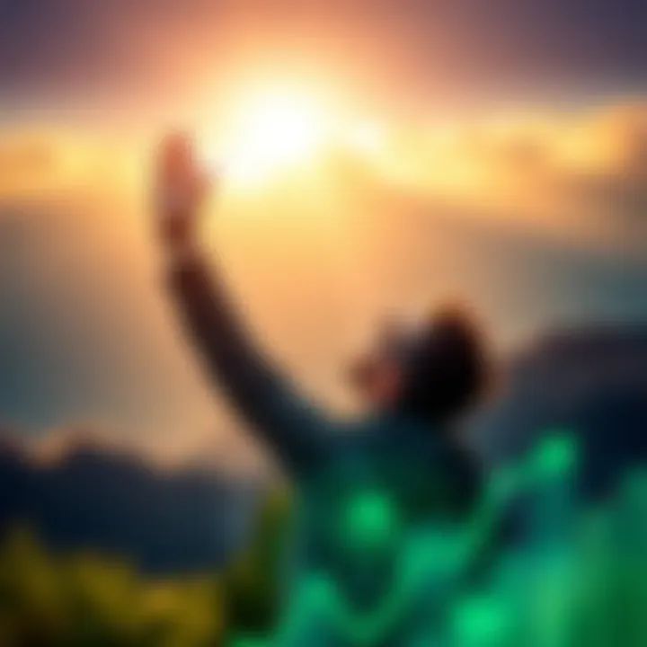 Person celebrating their financial success after a long journey, with a graph showing upward growth in the background.