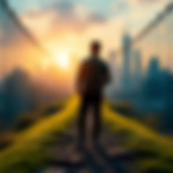 A person standing on a path looking towards a bright city skyline, symbolizing future financial success.