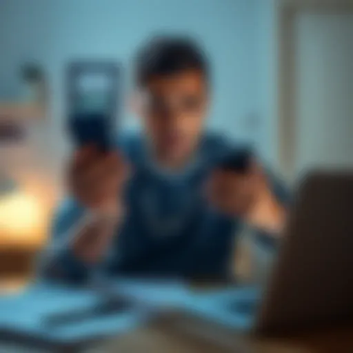 A distressed heart surgery patient holds a locked iPhone and looks worried, surrounded by paperwork and a laptop displaying a financial app.