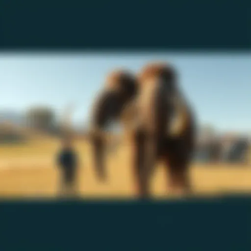 A man named Patrick stands next to a large, woolly mammoth in a park, with onlookers staring in surprise.