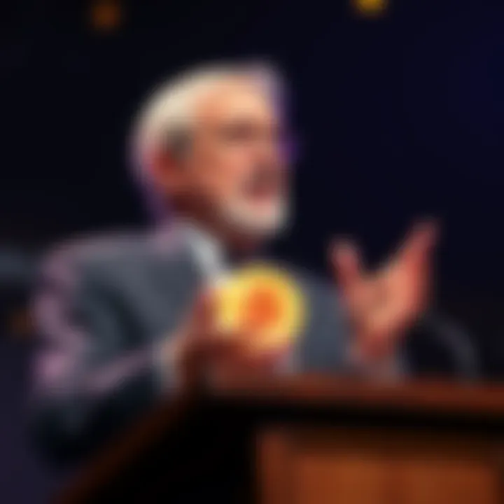 Nobel Laureate Paul Krugman speaking at a podium about Bitcoin's failure