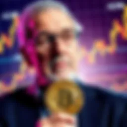 Paul Krugman speaking about Bitcoin with a serious expression, a backdrop of financial graphs in the background