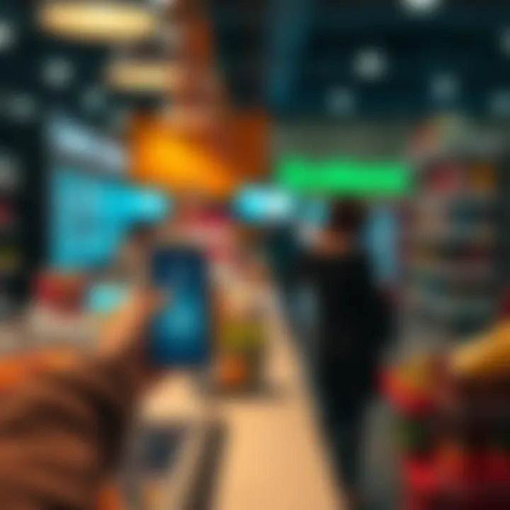 A person using a smartphone to pay for groceries with ADA at a checkout counter